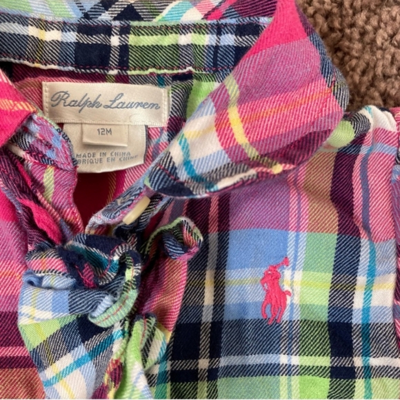 RALPH LAUREN Baby Outfit Plaid Top & Matching Leggings Size 12 Months Pink Blue - Picture 2 of 9